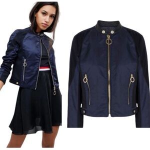 Tommy Hilfiger x Gigi Hadid Women's Blue Bomber Jacket Sz 4 Quilted Satin Finish